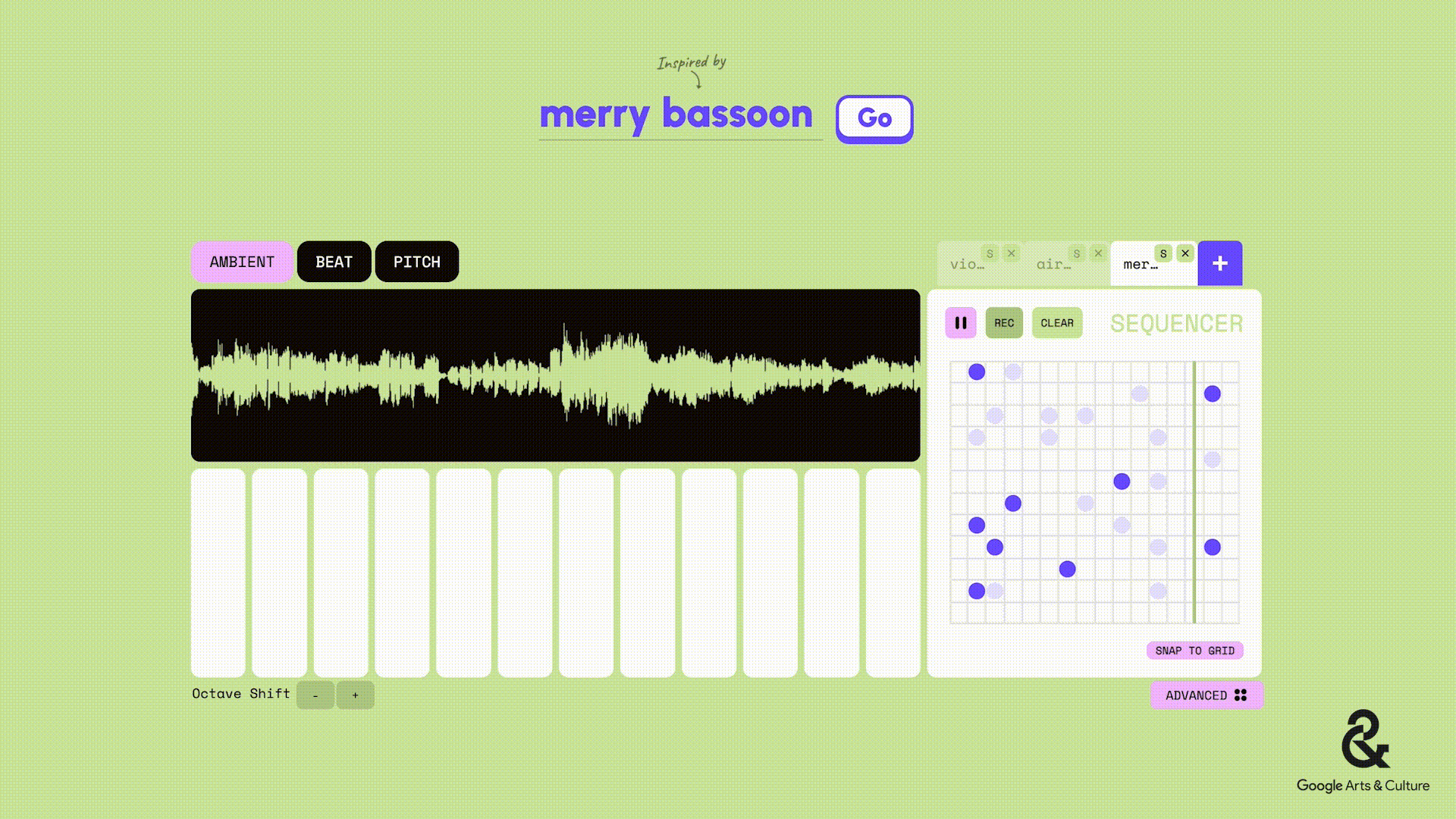 A browser music toy: a waveform, a piano keyboard and a step sequencer grid on a green background.